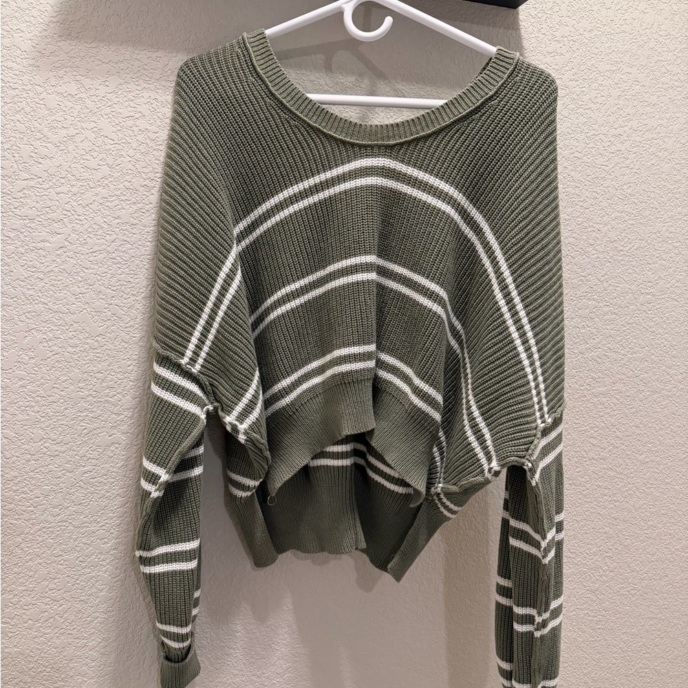 Aerie Olive and White Striped Crew Neck Sweater